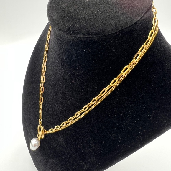 Pearl Pendant Double Layer Toggle Necklace New - Picture 2 of 4